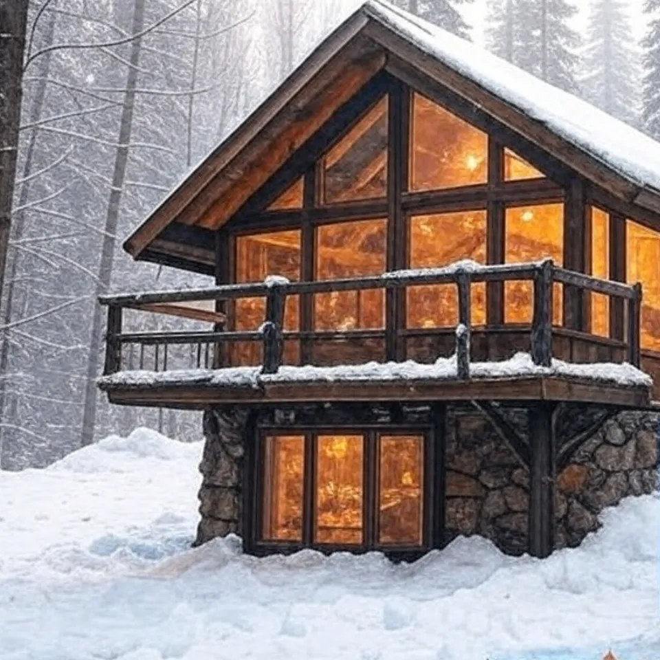 A snow-covered timber chalet glowing warm against the evergreens in Blue Mountain cottage country near Collingwood